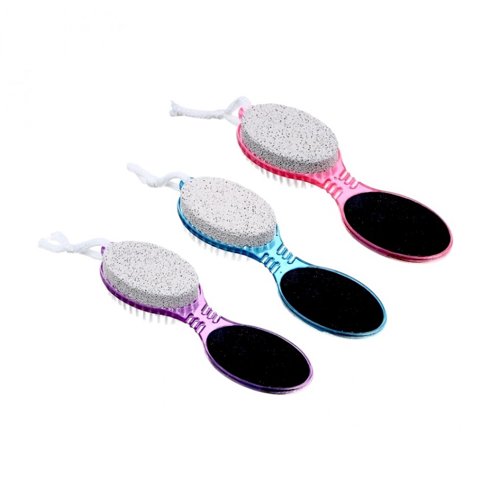 Терка для ног 4-х сторонняя с пемзой и щеткой, с металл. и наждачной поверх., 16,5см, 3 цв