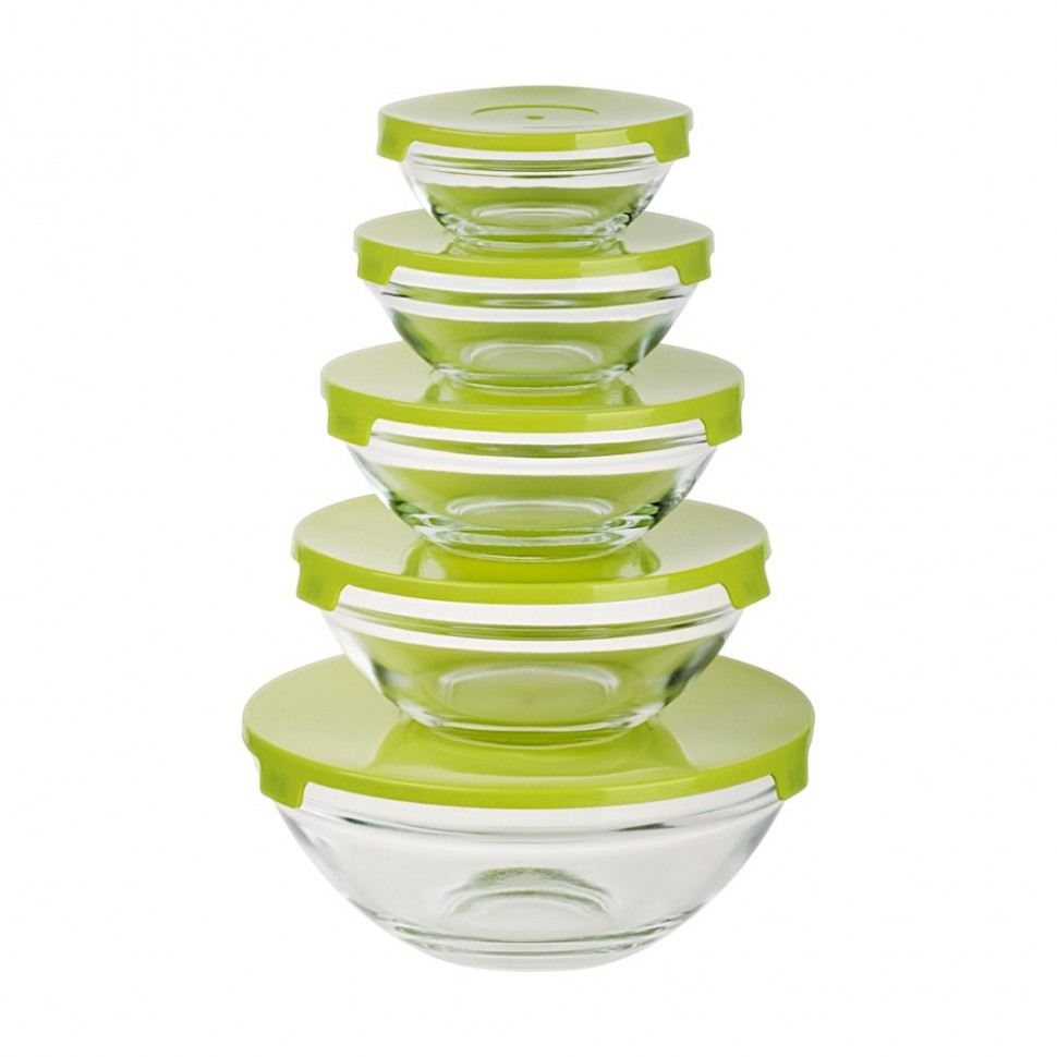 Набор салатников с крышкой 5 шт: 900/ 500/350/200/130 мл, стекло, пластик, оливковый