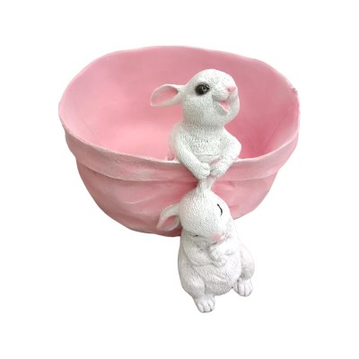 Фигура садовая Зайчата в лукошке, кашпо (розовый) H-15 см. L-17 см. W -20 см, 10752 (12)