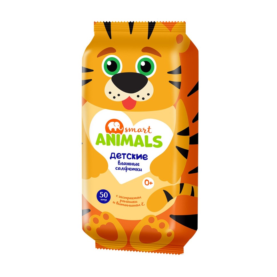 Салфетки влажные 50 шт Smart animals детские с ромашкой и витамином Е mix (26/1)