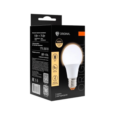 Лампа светодиодная A60 9 Вт, E27, 810 Лм, 3000 K, 175-265 В, Ra&gt;80, IRF &lt;5%,IC, 2 года гар.