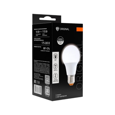 Лампа светодиодная A60 9 Вт, E27, 810 Лм, 4000 K, 175-265 В, Ra&gt;80, IRF &lt;5%,IC, 2 года гар.