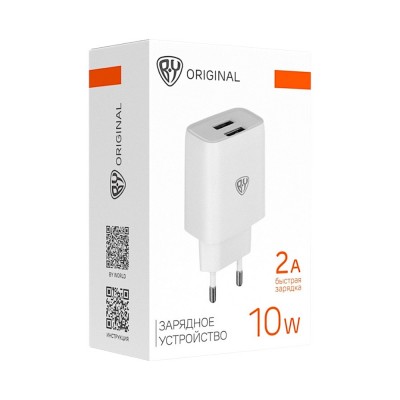 Сетевое зарядное устройство BY Double 10Вт, 2xUSB, 2А, 5В,110-240В, 50-60Гц, пластик белый