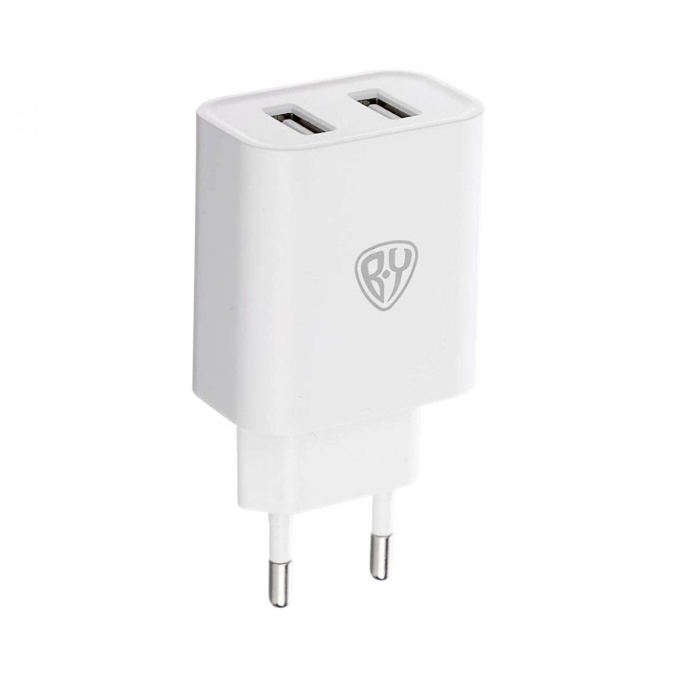 Сетевое зарядное устройство BY Double 10Вт, 2xUSB, 2А, 5В,110-240В, 50-60Гц, пластик белый