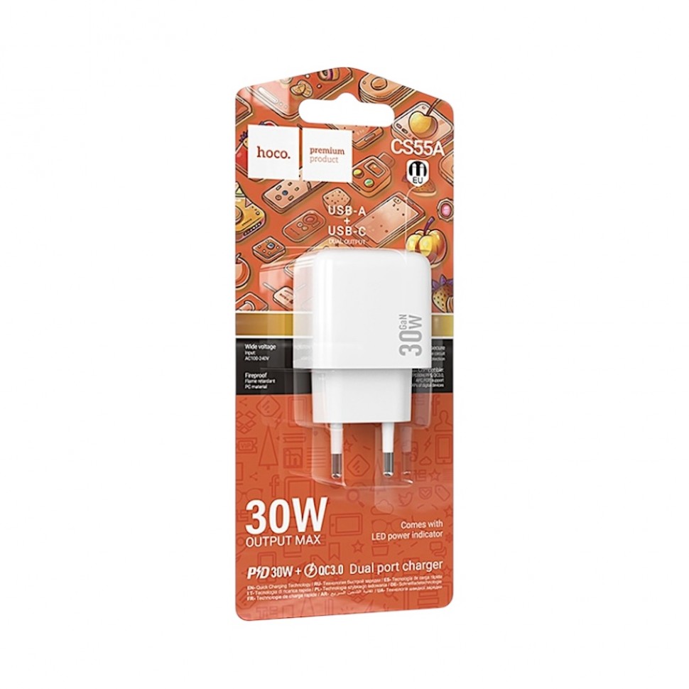 Сетевое зарядное устройство hoco. модель CS55A, USB+C 30W, цвет: белый