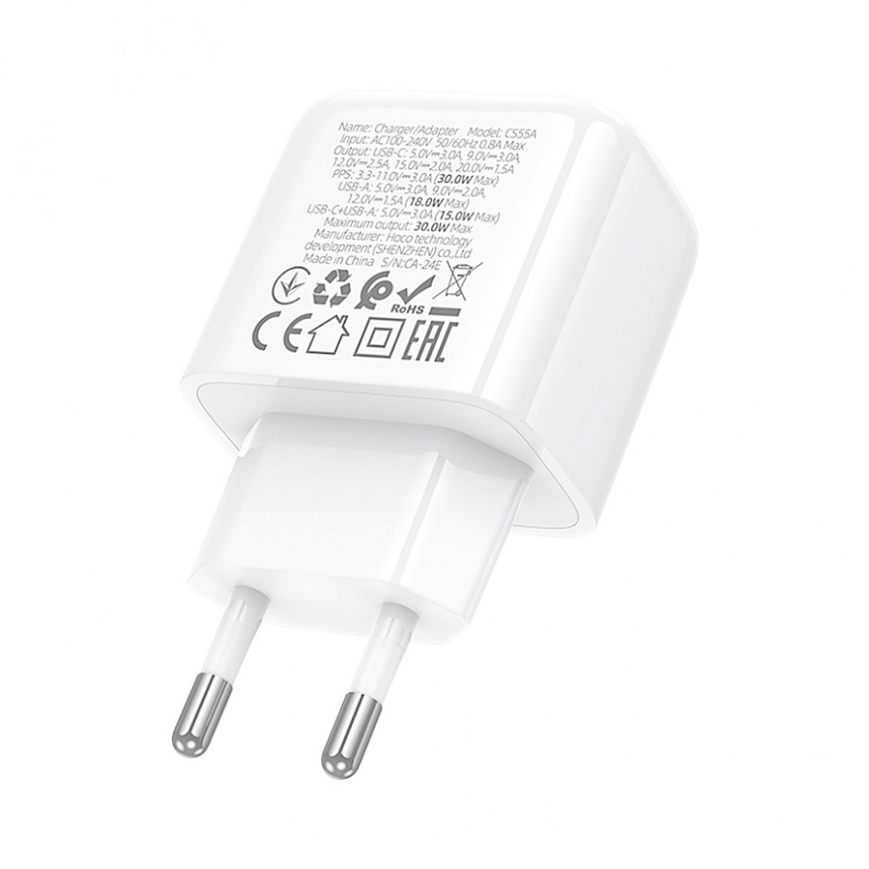 Сетевое зарядное устройство hoco. модель CS55A, USB+C 30W, цвет: белый