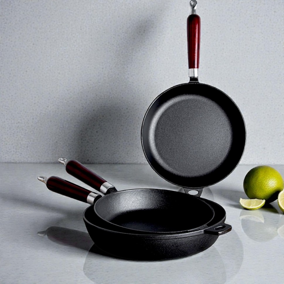 Сковорода чугун, d24х5см, деревянная ручка, индукция