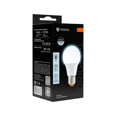 Лампа светодиодная A60 14 Вт, E27, 1260 Лм, 6500 K, 175-265 В, Ra>80, IRF <5%,IC, 2 года гар.