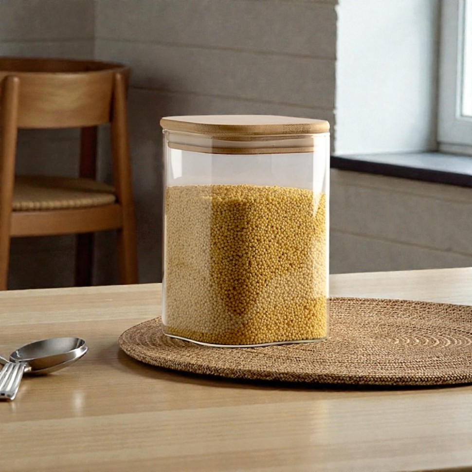 Банка для хранения ЭКО Вуд 1000мл, 14,5х10х10см, стекло, бамбук