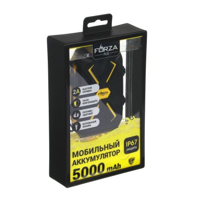 Аккумулятор мобильный, 5000 мАч, USB, 2А, защита IP67, фонарик, Чёрный