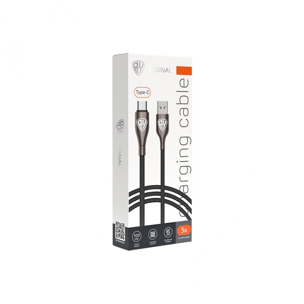 Кабель для зарядки Керамика Type-C, 1м, 3А, Быстрая зарядка QC3.0, тканевая оплётка, черный BY