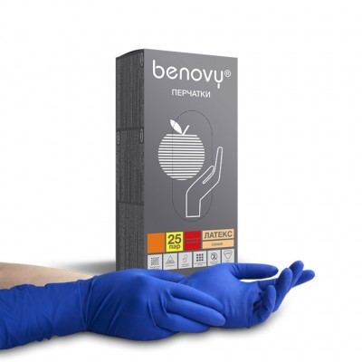 Перчатки латексные повышенной прочности смотровые Benovy (25 пар), синие, размер L