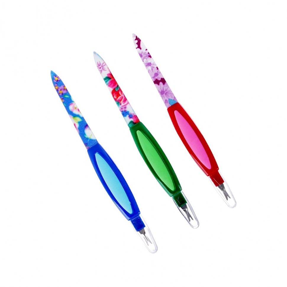 Пилка для ногтей 2-х сторонняя 180/180 грит с триммером,16см, 3 цвета