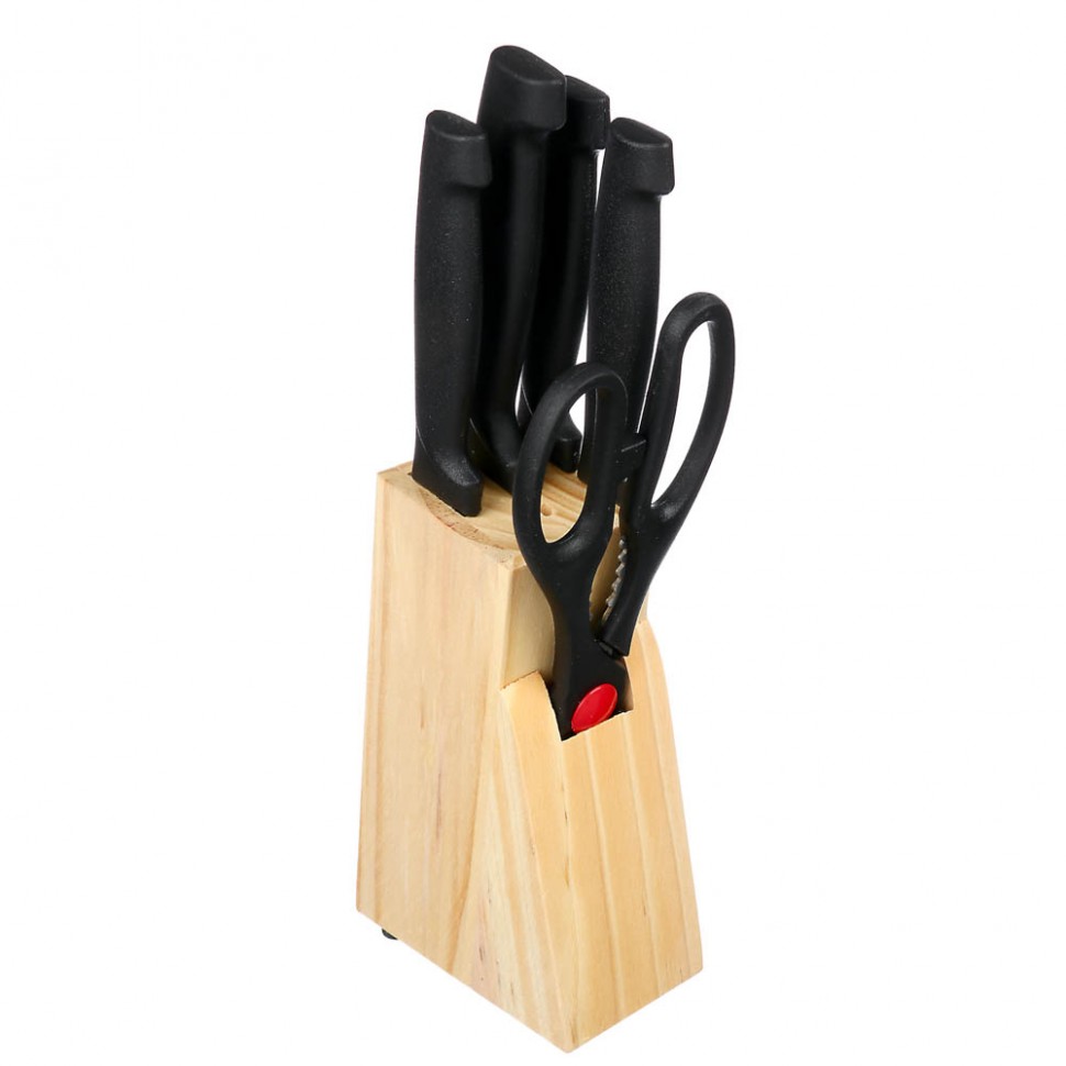 Набор ножей 6 пр. в дер.подставке: ножи кух. 7,5см, 11,5см, 12см, 14см, ножницы (24)