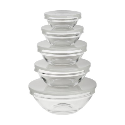 Набор салатников с крышкой 5 шт: 900/ 500/350/200/130 мл, стекло, пластик,  серый