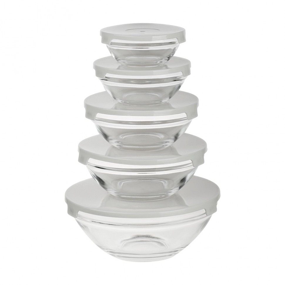 Набор салатников с крышкой 5 шт: 900/ 500/350/200/130 мл, стекло, пластик,  серый